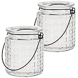 matches21 Windlicht Kerzenglas Glaswindlicht mit Henkel und geometrischem Muster Relief klar 2er Set je Ø 8x9