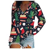 Onsoyours Damen Schlupfhemd Weihnachten Langarm V-Ausschnitt Christmas T-Shirts Weihnachtsbaum Schneemann Druck Pullover Langarmshirt Tops A5 M