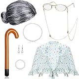 Alte Dame Cosplay Set Inklusive Oma Perücke, Perücken Kappe, Oma Kostüm Schürze Schal, Aufblasbar Stock, Rahmen Brille mit Brillenketten Kordel, Kunstperlen Halskette Armband Ohrring