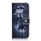 Sunrive Kompatibel mit Sony Xperia Z5 Compact Hülle,Magnetisch Schaltfläche Ledertasche Schutzhülle Etui Leder Case Cover Handyhülle Tasche Schalen Lederhülle MEHRWEG(Wolf und Hund)