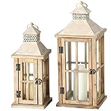 2er Set Innen Außen Laternen Balkon Windlichter Holz Hellbraun Shabby Chic Glas Tür Wohnzimmer Dek