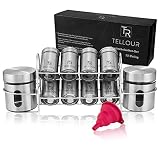 Gewürzstreuer im Gewürzregal (12 Teile) aus Glas & Edelstahl mit Gewürztrichter - Gewürzgläser im modernen Spice Rack - Perfekte Gewürzaufbewahrung (100 & 380 ml)