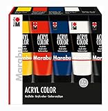 Marabu 1201000000087 - Acryl Color Set, 5 x 100 ml in gelb, zinnoberrot, dunkelblau, weiß und schwarz, cremige seidenmatte Acrylfarbe auf Wasserbasis, schnell trocknend, mischbar und gut deck