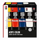 Marabu 1201000000087 - Acryl Color Set, 5 x 100 ml in gelb, zinnoberrot, dunkelblau, weiß und schwarz, cremige seidenmatte Acrylfarbe auf Wasserbasis, schnell trocknend, mischbar und gut deck