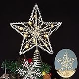 Silberner Weihnachtsbaum Topper Sterndekoration Weihnachtsbaum Ornamente mit exquisiten Perlen 10 warme LED-Leuchten für Inneneinrichtung Weihnachtsbaumspitze (5-Punkte Hohlstern)