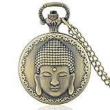 DFBGL Taschenuhr, Retro Bronze Buddha Gesicht Quarz Taschenuhr Ketten Antike Männer Anhänger Halskette Uhr Geschenk
