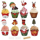 LOOPES 72tlg Weihnachten Papier Muffinförmchen Weihnachtsfeier Muffin Förmchen Weihnachtsmann Backförmchen Schneemann Cupcake Topper Rentier Elf für Kinder Cupcake Kuchen Weihnachtendek