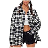 XUJY Damen Karierte Langarmshirt Oversized Hemdjacke Knöpfe Übergangsjacke Overshirt Loose Boyfriend Mantel Casual Tunika mit Karomuster Hemdbluse All-Match Hemdjacke im College-S