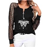 Jinkulya Bluse Damen Elegant - T Shirt Damen Rundhals Häkelspitze Langarm Shirt Top Schmetterling Herz Grafik Tee Top Reißverschluss Henley Shirts Tunika Bluse Pullover Ob