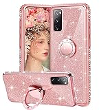 XTCASE Hülle für Samsung Galaxy S20 FE 5G/4G, Glitzer Bling Glänzend Strass Diamant Handyhülle mit 360 Grad Ring Ständer Ultradünn Stoßfest TPU Silikon Tasche Schutzhülle - Rosé G
