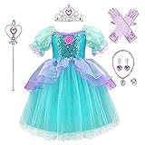 IWEMEK Mädchen Meerjungfrau Ariel Kostüm Fischmärchen Prinzessin Kleid mit Zubehör Kinder Märchen Cosplay Halloween Karneval Verkleidungen Festkleid, Grün + Violett, 6-7 J