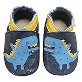 Bemesu Baby Krabbelschuhe Lauflernschuhe Lederpuschen Kinder Hausschuhe aus weichem Leder für Mädchen und Jungen Dunkelblau Krokodil (XL, EU 23-24)