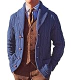 Suncolour Herren Strickjacke mit Knöpfen, Schalkragen & Zopfmuster Herren Blauer Winter Chunky Sw