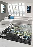 Designer Teppich Moderner Teppich Wohnzimmer Teppich Blumenmotiv Grau Türkis Grün Weiss Größe 60x110