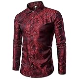 Allthemen Herren Paisley Hemd Langarm Jacquard Hemd für Männer Regular Fit Stickerei Freizeithemd Weinrot XL