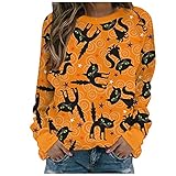 Damen Sweatshirt Langarm Pulli Halloween Rundhals Elfen Geist Print Pullover Langarmshirt Casual Leichte Hoody Streetwear Mode Oversize Bluse Frauen Herbst Winter Elegante Tunika Tops Täglich Ob