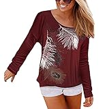 Vthereal Damen Pullover Oversize Langarmshirt Casual Sweatshirt Tunika Langarm Tops mit Druck Feder, Weinrot, XXL