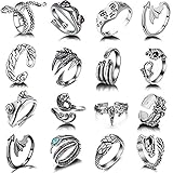 Vintage Punk Ringe, 16 Stück Verstellbar Schlange Ringe, Gothic Dragon Wolf Klaue Octopus Fisch Eidechse Schlange Schädel Ringe Öffnen Sie verstellbare Punk Ring Set Schmuck für Herren F