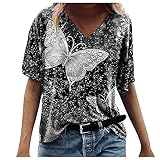 Butterfly Print T-Shirt Frauen Tops Casual Tiermotiv Pullover Kurzarm Tunika Bluse Teenage Girls Streetwear V-Ausschnitt Rundkragen Sommer Casual Loose F