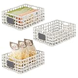 mDesign 3er-Set Aufbewahrungskorb für Schrank oder Regal – Flechtkorb aus Hyazinthe mit Beschriftungsschild – Schrankkorb mit Tragegriffen für Bad, Küche, Wohn- und Schlafzimmer – weiß
