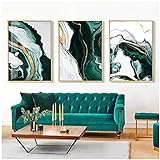 QIAOO Mode Leinwand Bild, Moderne abstrakte dunkelgrüne Goldfolie Linien Marmor Kunst Gemälde, Wohnzimmer Poster Wanddrucke Home Decor No F