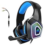 Gaming-Headset mit Mikrofon f眉r Xbox One PS4 PC Switch Tablet Computer Smartphone Kopfh枚rer Stereo Over-Ear Bass 3,5 mm Mikrofon Ger盲uschunterdr眉ckung 7 LED Licht Soft Memory Ohrensch眉tzer ( Adapter)