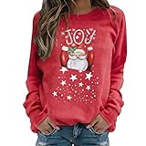 Reasoncool Damen Rundhals Weihnachtsmann-Druck Langarm Sweatshirt Warmer Plüschpullover Casual T-Shirt Oberteil Loose Gestrickter Pullover Laufshirt Basic Herbst Und Winter H