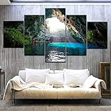 RMVNIE 5 Teilig Leinwandbilder - 150X80Cm Bilder Abstrakt 5 Teilig Wandbild Höhlenlandschaft Mit Blauem Wasser Bild Auf Leinwand Kunstdruck Mehrteilig Modern Wandbilder Wohnzimmer Weihnachten Dek