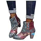 Geilisungren Block Heels Stiletto Stiefel Leder Damen Absatz Stiefeletten Frauen Warme Bedruckt Kurze Stiefel Kurzschaft Winterstiefel Retro Bunte Blume Outdoor Party Chunky Heels Schuhe Ankle B