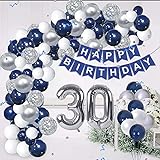 30. Geburtstag Männer，Luftballon Deko 30 Geburtstag Mann，Geburtstagsdeko 30 Männer，Silber Blau Luftballons Mann Deko zum 30 Geburtstag，Tischdecke Happy Birthday Girlande Torten Dek