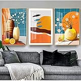 Drucke Wandmalerei Retro Vase Obst Dekor Nordic Orange Farbe Kunst Bild Vintage Poster Wohnzimmer Restaurant Dekor 30x45cm (12x18in) x3 R