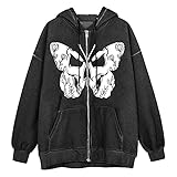 RMBLYfeiye Damen Casual Hoodie Schmetterling Drucken Jacke Langarm Reißverschluss Streetwear Loose Fit Y2k Übergroße Printed Sweatshirt Übergroßer Kap