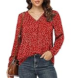 Damen Casual Langarm T-Shirt mit V-Ausschnitt Loose Fit Basic Pullover Tunika Tops Plus Size für Frühling Winter (Weinrote Blume, X-Groß)