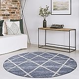payé Teppich Rund Wohnzimmer Kurzflor - Blau Cream- 160x160cm - Modern Rauten Muster Deko Boho Schlafzimmer Flur Dekoration - Skandinavische Tepp