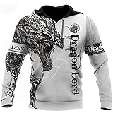 Fandao Langarm-Hoodie für Herren 3D-Druck Tattoo Und Dungeon-Drache Hoodie Mode Pullover Stretch-Sweatshirt, Mit Großer Tasche, Mit Plüsch,D Hoodie,XXL