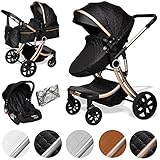 ib style® 3 in 1 JUMA Kombikinderwagen| Kinderwagen + Buggy | inkl. Autoschale | inkl. Regenschutz | Klappbar | SCHWARZ/CHAMPAGNER