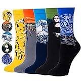 Justay 4/5 Paar Herren Socken, Bunt Gemusterte Berühmte Gemälde, Mode Trend Crew Socken Herren, Baumwolle EU 39-45, Geschenk für Männer MEHRWEG (01-gelb, Orange, Blau, Grün, Dunkelblau)