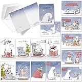 Weihnachtskarten mit Umschlag Set - 15 witzig schöne Klappkarten | Doppelkarten mit Briefumschlag 'Tiere im Schnee' | Jede Karte individuell bedruckt auf hochwertig dicken Papier | Karten by TOBJA®