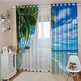 CLZLH Vorhänge Blickdicht Verdunkelungsvorhang Gardinen Mit Ösen 117X230cm（B X H）3D Musterdruck Blau, Meer, Strand, Palmen Schlafzimmer Wohnzimmer Ösenschal 2Er Set Schallschutz Vorhang