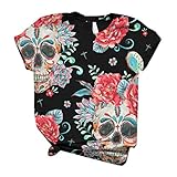 T-Shirt Frauen Plus Size Kurzarm 3D Schädel gedruckt O-Neck Tops T-Shirt Bluse (5XL,2Weiß)