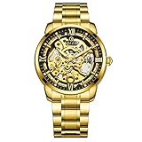 LTLJX Herrenuhren Automatische Mechanische Skelettuhren Herren Stahl Römischen Ziffern wasserdichte Datums Zifferblatt Business Uhr Für Geschenke,Gold1