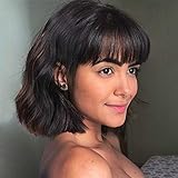 Perücke Schwarz und Braun mit Pony für Damen kurz Bob lockige Gewellte Perücken Synthetische Perucken für Mädchen Natürlich Kostüm Wig (ca.27cm) VD069D