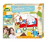 Lena 42671 - Bastelset Mein erstes Sandbild Fahrzeuge, Komplettset mit 2 Motiven für Sandmalerei ca. 18 x 14,5 cm, 11 Farben zum Sandmalen, Sandbilder Set mit Feuerwehr & Traktor für Kinder ab 6 J