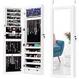 RELAX4LIFE Schmuckschrank mit 15 LED Leuchten & Spiegel, Hängeschrank im Landhausstil, Spiegelschrank mit 2 Schubladen & 2 Schlüsseln, Tür- & Wandmontage, für Ohrringe & Ketten & Ringe, Weiß, H