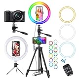 Ringlicht mit Stativ, 10.2' LED Ringleuchte Ring Light mit Stativ mit Selfie-Fernbedienung Handyhalter, 3 Farbe und 15 RGB Farbe, Dimmbar und Blitz Modus, für YouTube, TikTok, Makeup, Fotografie,Vlog