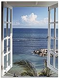 Artland Glasbilder Wandbild Glas Bild einteilig 60x80 cm Hochformat Strand Meer Küste Palmen Ausblick Natur Fensterblick Maritim Blau T9II