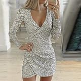 Kleid Silber Glitter Kleider Für Frauen Deep V-Neck Pailletten Mini Bodycon Kleid Herbst Winter Langarm Partykleid-Silber-_S