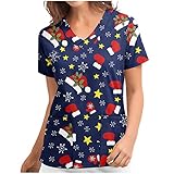 VESNIBA Damen Arbeitskleidung Weihnachten Motiv V-Ausschnitt Schlupfkasack Bluse Top Schlupfjacke Kurzarm Berufsbekleidung Unisex U