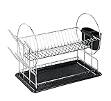 WENKO Geschirrabtropfer Premium Duo, Organisationstalent, Geschirr Abtropfständer für die Küche, Abtropfgestell mit Besteckkasten und Tellerständer, 52 x 36 x 24 cm, aus Metall, Silber/Schw