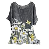 BISADXQ Frauen Vintage Blumendruck Bluse Lose Kurzarm Oansatz Baumwolle Tops Casual T-S